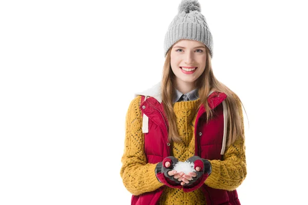 Hermosa chica sosteniendo nieve — Foto de Stock