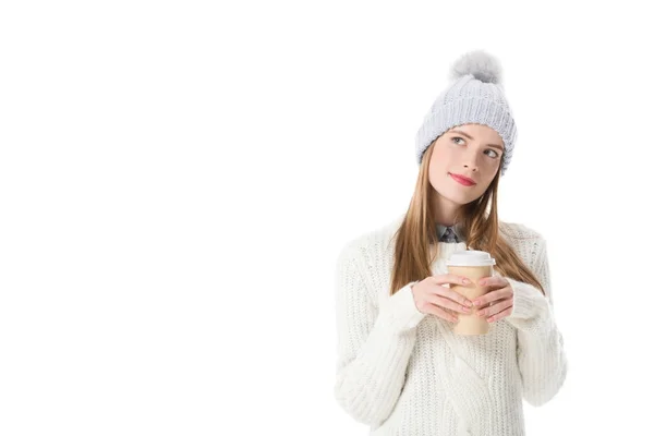 Menina sonhadora com café para ir — Fotografia de Stock