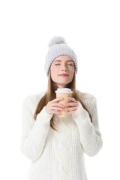 Chica con café para llevar — Foto de Stock