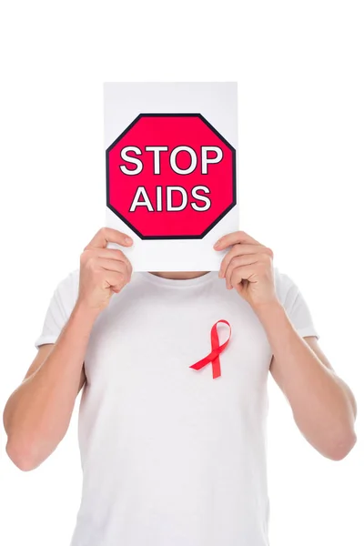 Hombre con bandera de stop aids — Foto de Stock