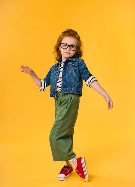 Cute Little Kid Eyeglasses Dancing Isolated Yellow — Stock Photo, Image