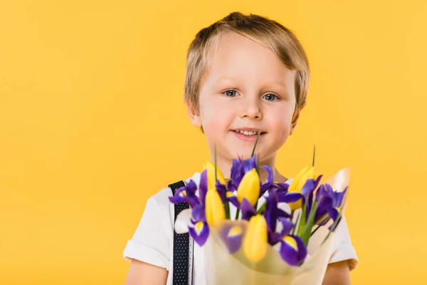 Portrait Cute Little Boy Bouquet Flowers Isolated Yellow Mothers Day — Stock Photo, Image