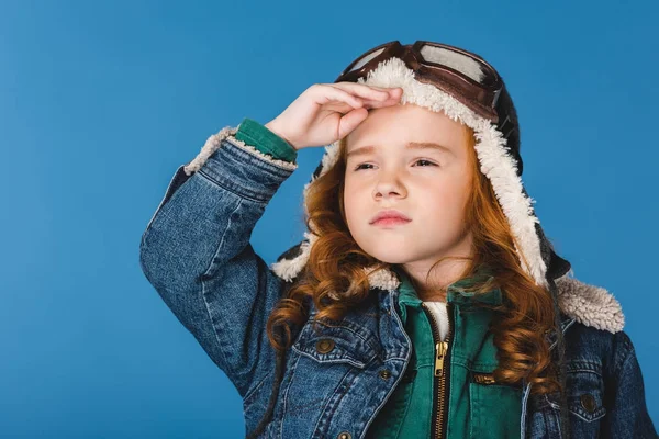 Retrato Adorável Criança Pré Adolescente Traje Piloto Isolado Azul — Fotografia de Stock