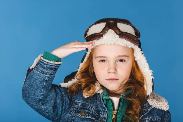 Portrait Adorable Preteen Kid Pilot Costume Isolated Blue — Stock Photo, Image