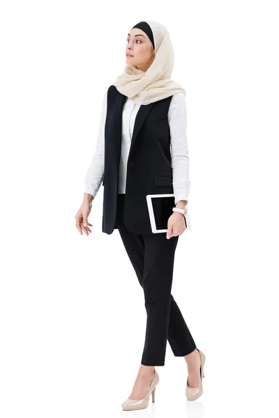 Stylish Arabic Businesswoman Hijab Digital Tablet Isolated White — Stock Photo, Image