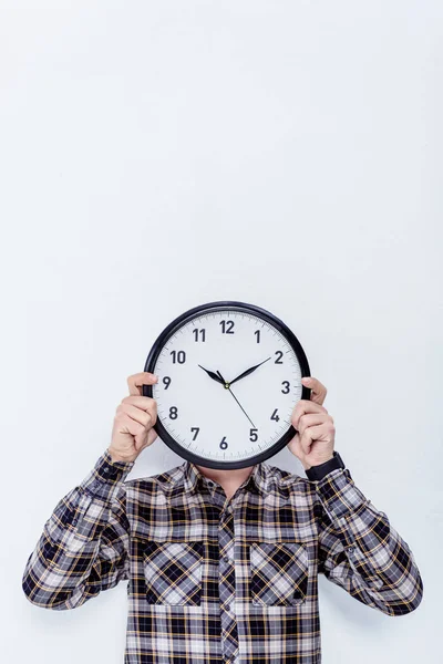 Clock Male Hands His Face Isolated White — Stock Photo, Image