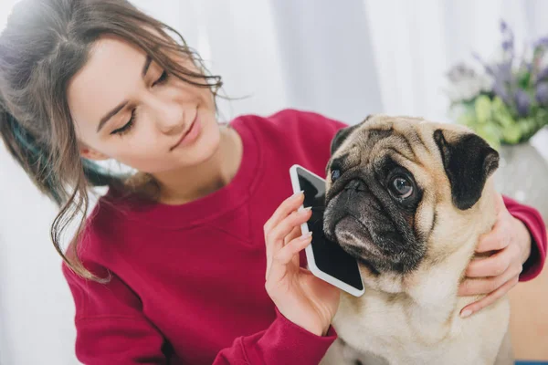 Attractive Young Girl Giving Pig Smartphone — Stock Photo, Image