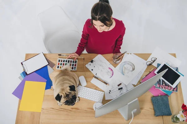 Young Woman Working Sketches Cute Pug Working Table Computer — Stock Photo, Image