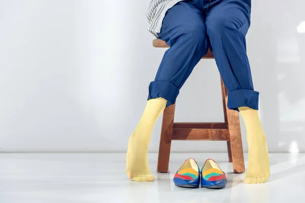 Close View Woman Sitting Chair Legs Yellow Socks — Stock Photo, Image