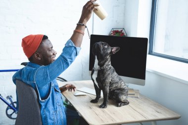 Afro-Amerikan yakışıklı ile köpek bilgisayar masasında oynarken