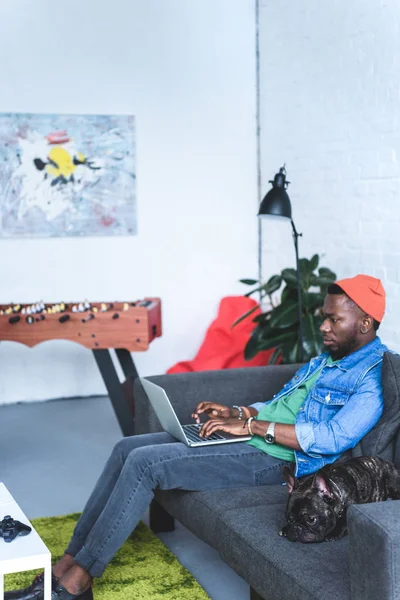 African American Man Working Laptop While Sitting Sofa Frenchie Dog — Free Stock Photo