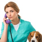 Portrait of veterinarian with beagle dog near by talking on telephone isolated on white