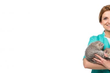 cropped shot of veterinarian holding kittens and smiling at camera isolated on white clipart