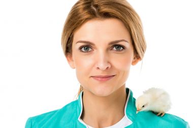 portrait of veterinarian with cute little chick on shoulder isolated on white clipart