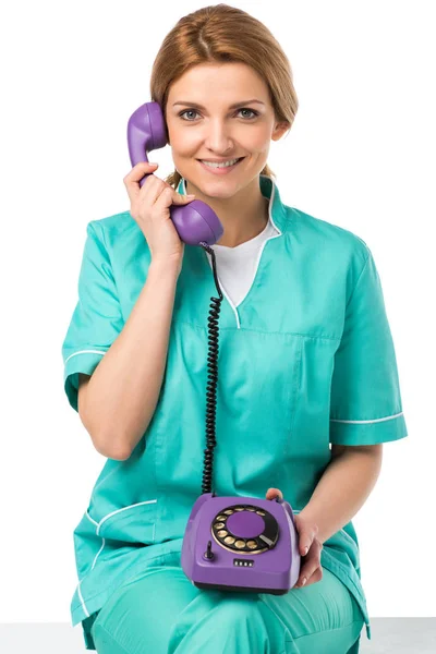Portrait Smiling Veterinarian Talking Telephone Isolated White — Stock Photo, Image
