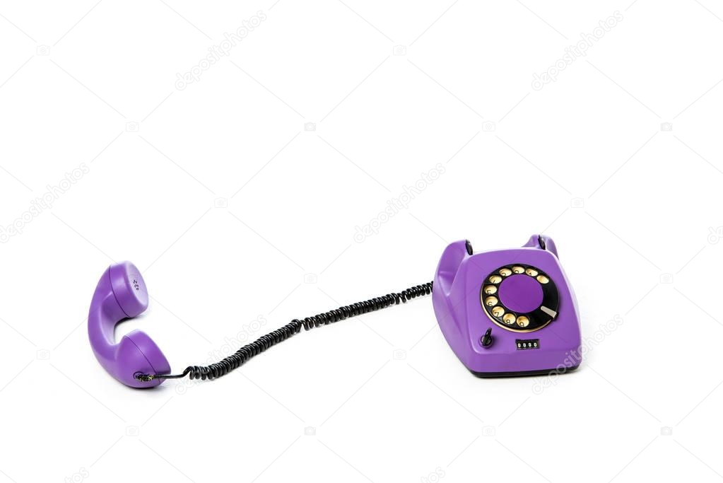 close-up view of violet rotary telephone isolated on white 