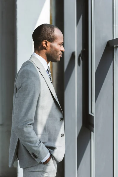 Side View Smiling Young African American Businessman Standing Hand Pocket — Free Stock Photo