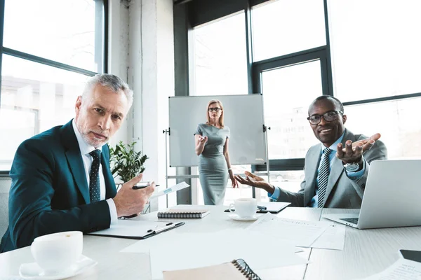 Multiethnic Business Colleagues Looking Camera While Having Conversation Business Meeting — Stock Photo, Image