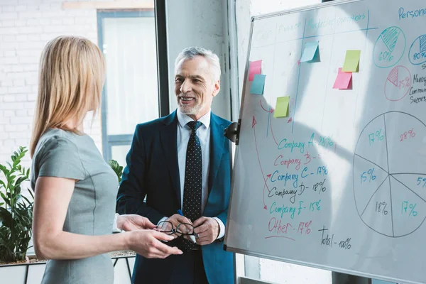 Collega Kijken Naar Elkaar Tijdens Bespreking Van Zakelijk Project Whiteboard — Stockfoto