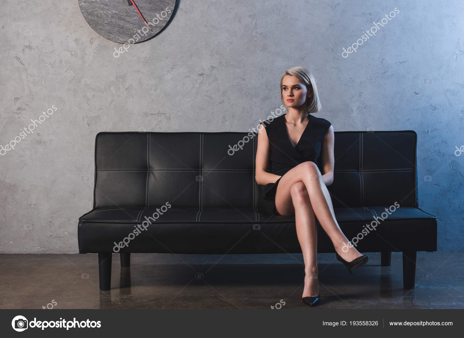 Beautiful Blonde Girl Black Dress High Heeled Shoes Sitting Couch