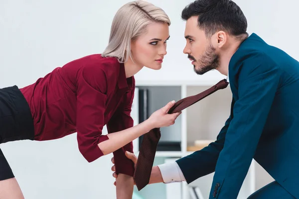 Sexy Young Couple Business People Looking Each Other Foreplay Workplace — Stock Photo, Image