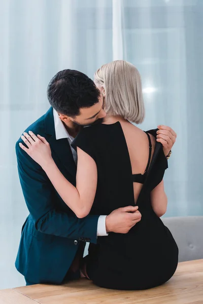 Businessman Taking Black Dress Sexy Female Colleague Office — Stock Photo, Image