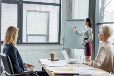 Flipchart üzerinde yazma ve meslektaşlarına office toplantıda proje sunma işkadını