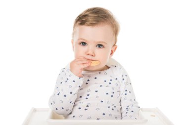 bebek çocuk sandalyesi beyaz arka plan üzerinde izole oturan kurabiye yemek 