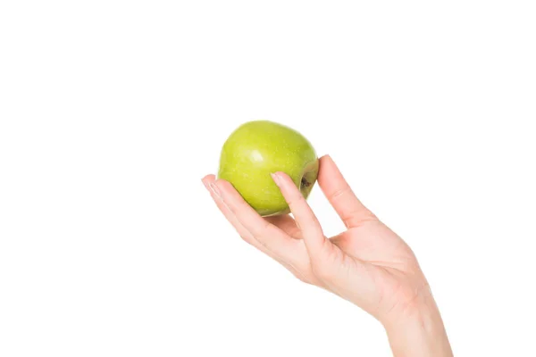 Cropped Shot Woman Holding Green Apple Isolated White Background — Stock Photo, Image