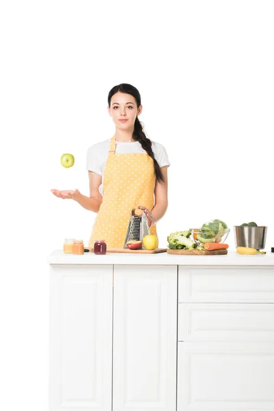 Young Woman Throwing Apple Tabletop Fruits Vegetables Isolated White Background — Stock Photo, Image