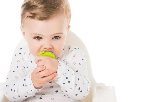 Little Boy Baby Pacifier Sitting Highchair Isolated White Background — Free Stock Photo