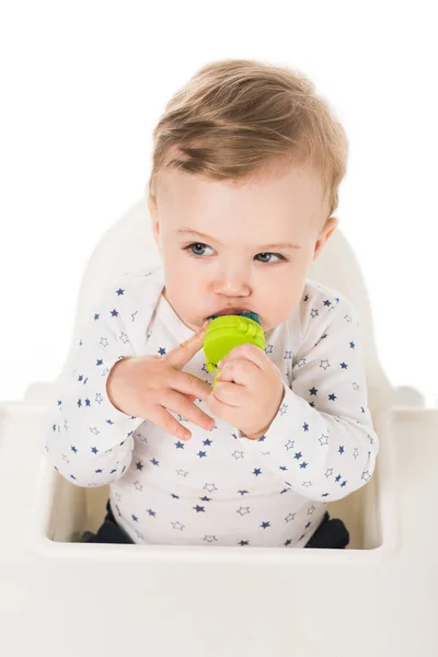 High Angle View Little Boy Baby Pacifier Sitting Highchair Isolated — Free Stock Photo