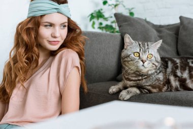 sevimli tekir kedi evde oturan güzel genç kadın