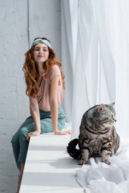 mutlu genç kadın ile ön plan üzerinde tekir kedi kenarında oturuyordu
