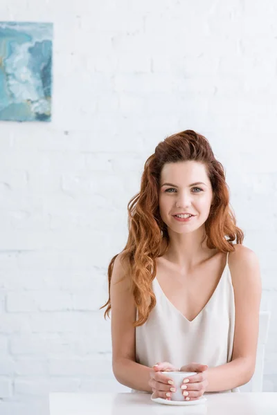 Attractive Young Woman Cup Coffee Front White Brick Wall Looking — Stock Photo, Image