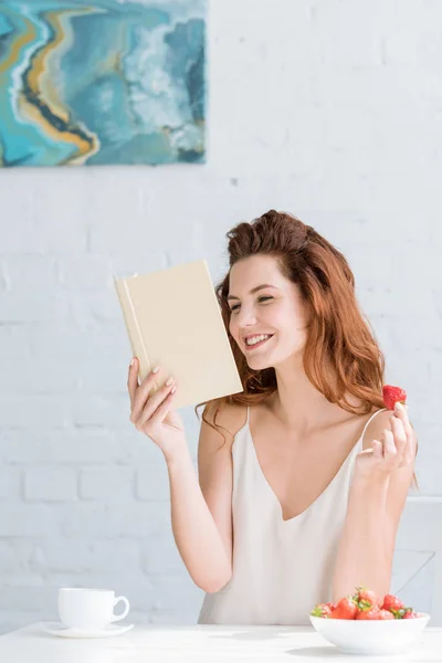 Happy Young Woman Coffee Strawberry Reading Book Home — Stock Photo, Image