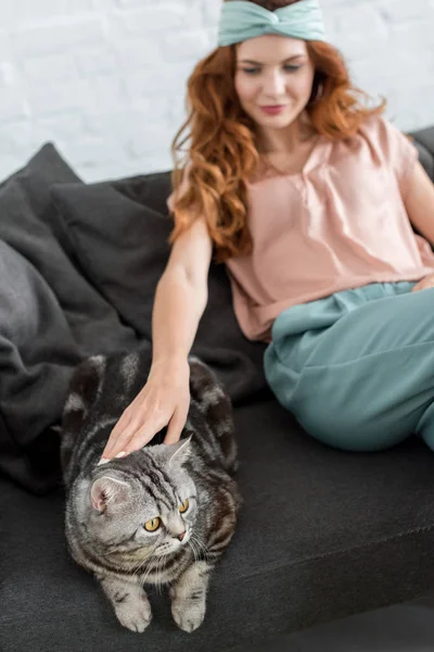 Wanita Muda Yang Cantik Memelihara Kucing Tabby Sambil Duduk Sofa — Foto Stok Gratis