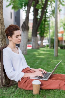 Park ağaç gövdesi üzerinde geri yaslanmış iken laptop ile çalışma çekici genç serbest meslek