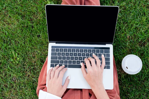 Cropped Shot Woman Working Laptop While Sitting Grass Paper Cup — Stock Photo, Image