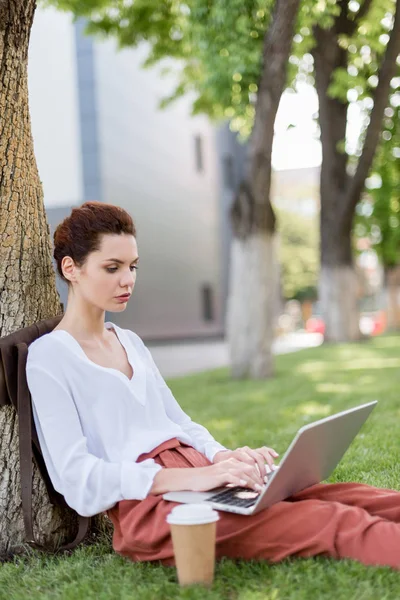 美丽的年轻自由职业者工作与笔记本电脑 而靠在树干在公园 — 图库照片