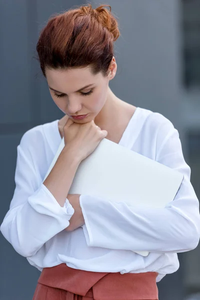 Close Portrait Young Woman Holding Laptop — Stock Photo, Image