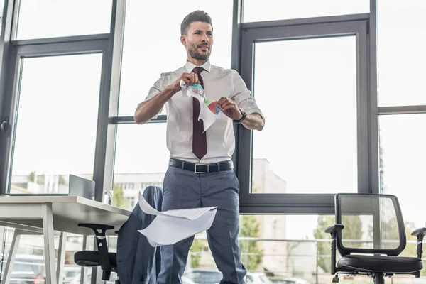 Upset Businessman Tearing Documents Looking Away While Standing Window Office — Stock Photo, Image