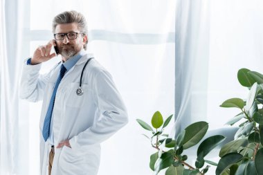 Cebinde beyaz önlüklü yakışıklı doktor hastanede akıllı telefondan konuşuyor. 