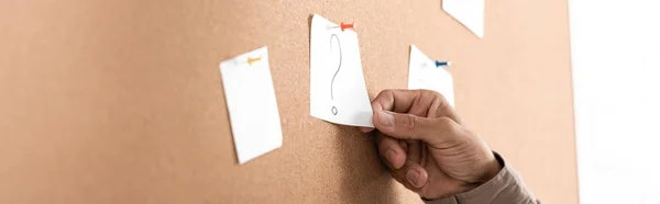 Panoramic Shot Retired Man Touching Paper Question Mark Board — Stock Photo, Image