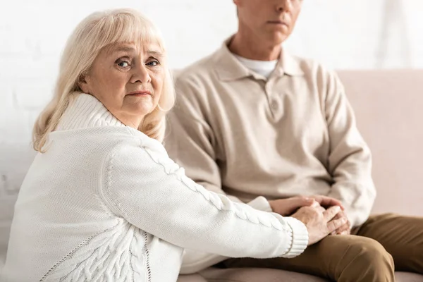 Selective Focus Sad Retired Woman Holding Hands Husband Alzheimer Illness — Stock Photo, Image