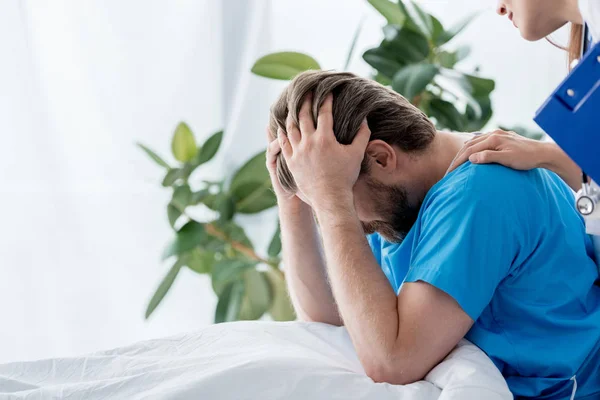 Cropped View Doctor White Coat Calming Upset Patient Hospital — Stock Photo, Image