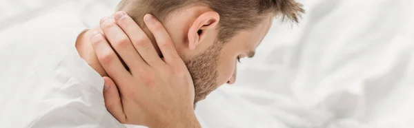 Panoramic Shot Young Man Suffering Neck Pain — Stock Photo, Image