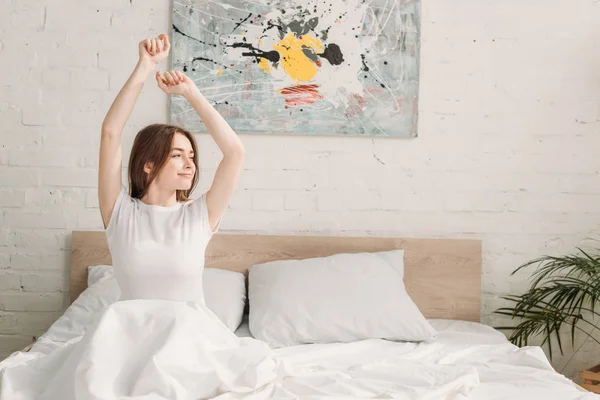 Happy Girl Looking Away While Sitting Bed Stretching Morning — Stock Photo, Image