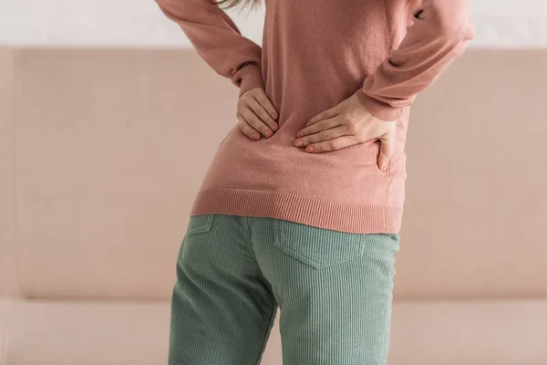 Cropped View Woman Holding Hands Loin While Suffering Back Pain — Stock Photo, Image