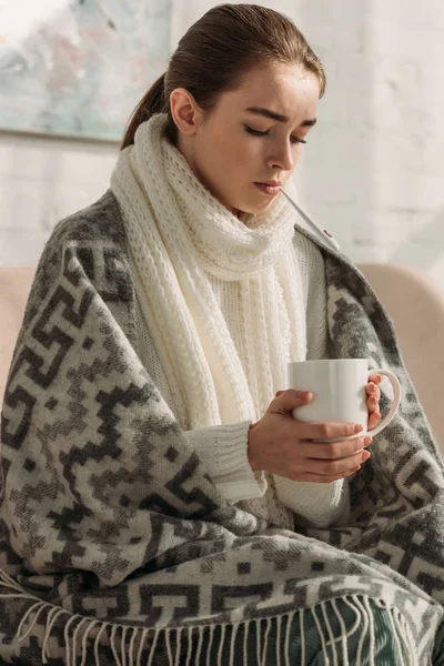 Sick Woman Warm Scarf Neck Wrapped Blanket Holding Cup Tea — Stock Photo, Image